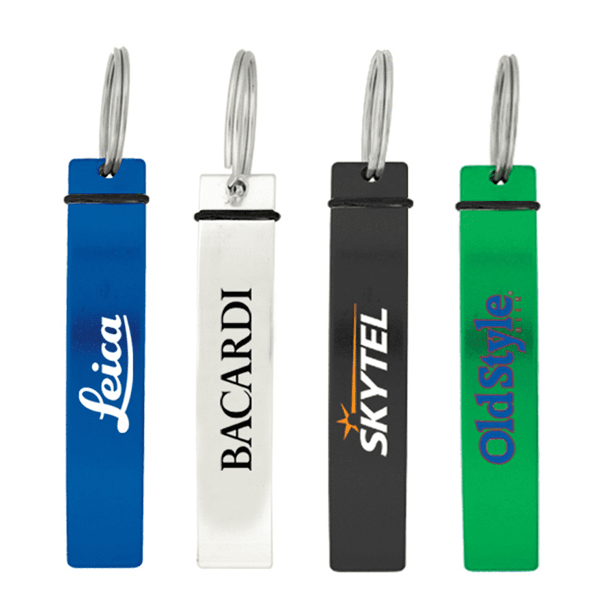A drink bottle opener set featuring four colours: blue, silver, black, and green, each with a logo. Lager Bottle Opener - Image 1