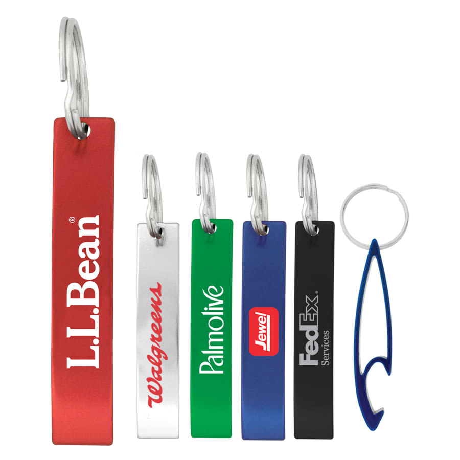 A set of variously coloured drink bottle openers in red, silver, green, black, and blue, each with a branding logo. Pilsner Bottle Opener - Image 1