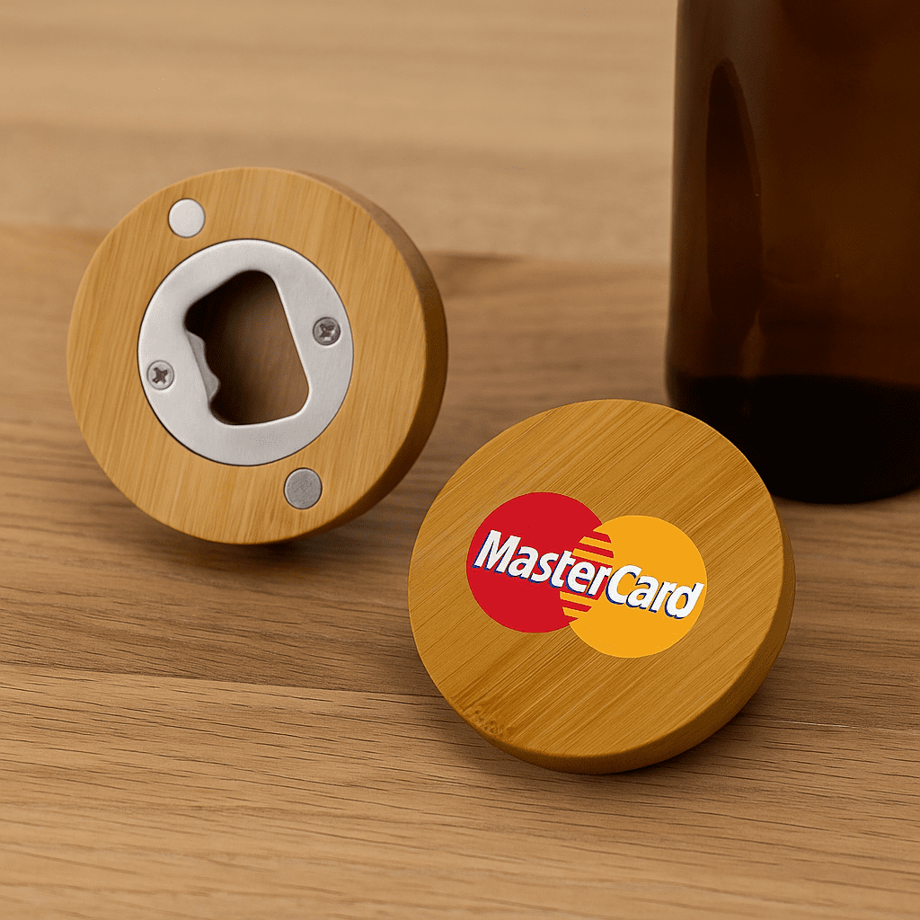 A round bamboo bottle opener in natural wood with a silver metal opener and a branding logo on one side. Round Bamboo Bottle Opener - Image 1