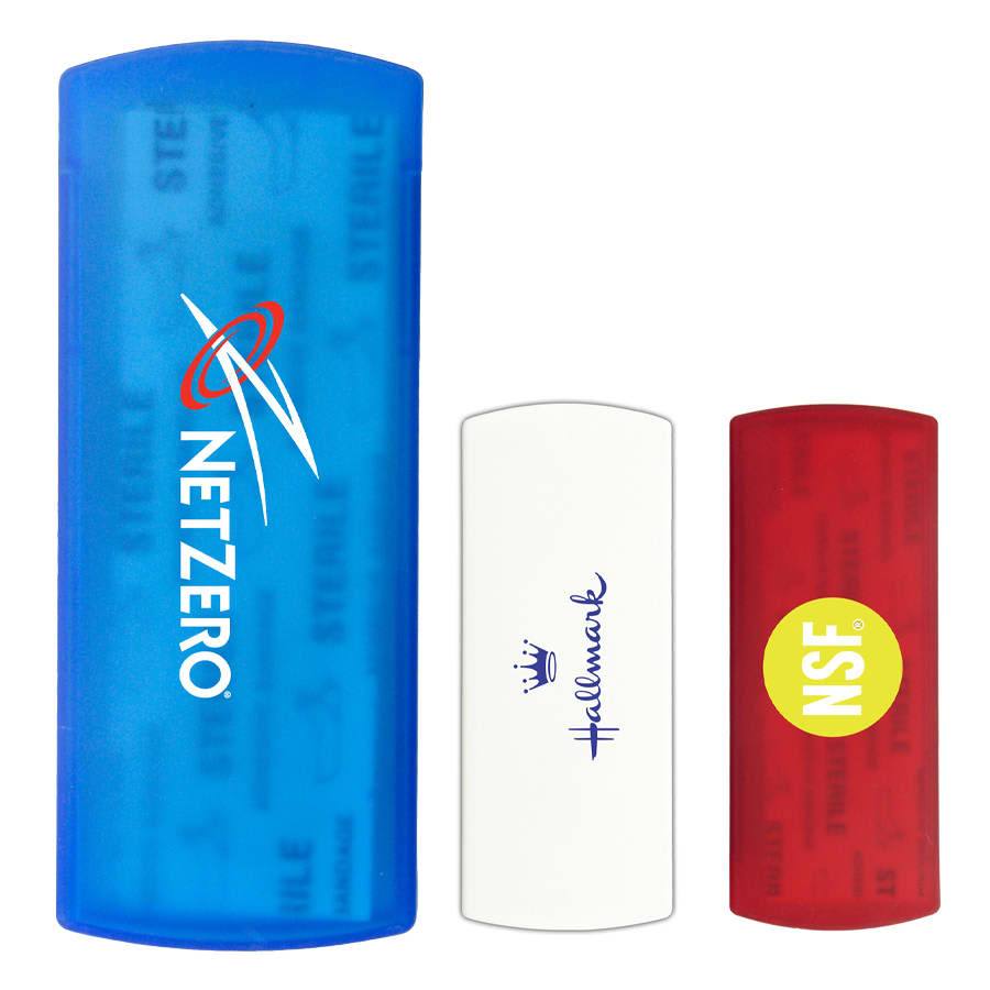 Three bandage dispensers in blue, white, and red, featuring logos but no specific text or markings. Vivace Bandage Dispenser - Image 1