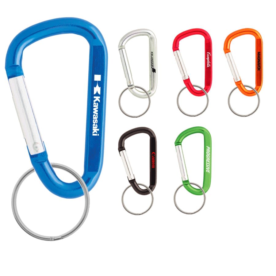 A 60mm carabiner in blue, red, green, silver, black, and orange, featuring various logos and colours. 60mm Carabiner - Image 1