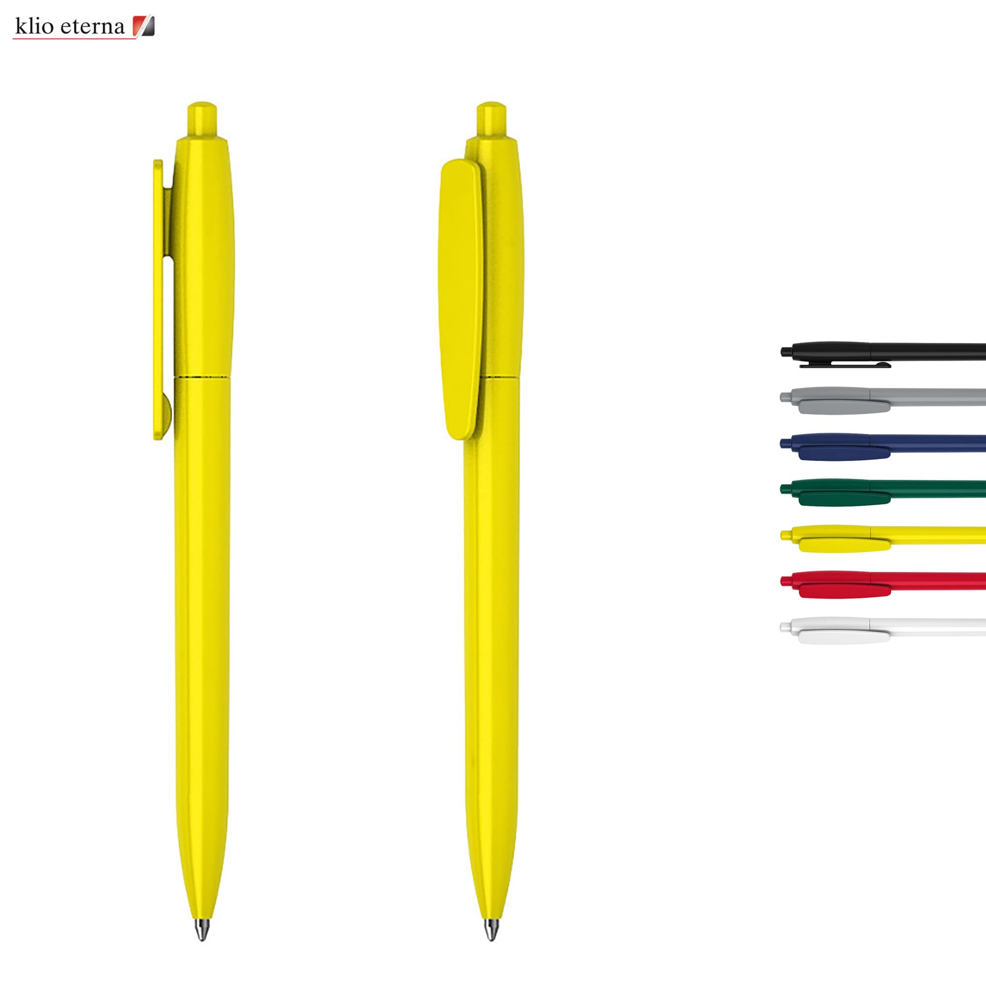 A set of yellow plastic pens with a clip, accompanied by options in various colours: black, blue, red, green, and white. Klix - Image 1