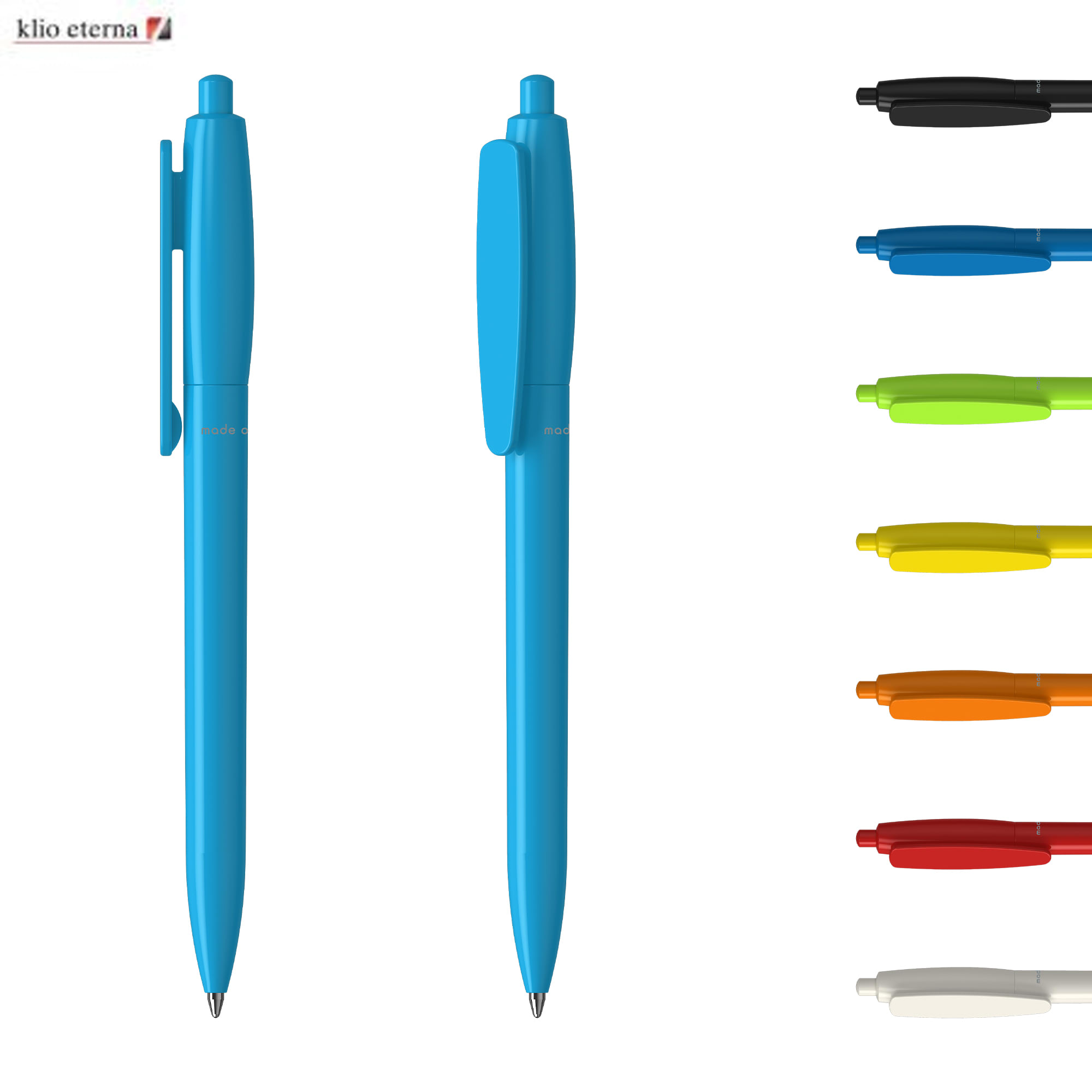 A blue plastic pen is displayed alongside a variety of coloured plastic pens, featuring a logo on the top left. Klix Bio - Image 1