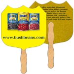A yellow Kraft hand fan features images of canned beans and a wooden handle. It includes branding and product details.