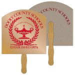 A kraft hand fan featuring a decorative gold and red design, with a wooden handle and branding.