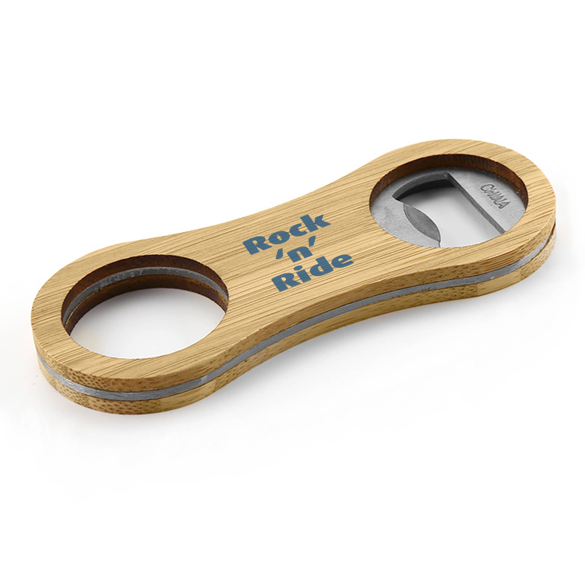 A drink bottle opener key ring made of bamboo with a stainless steel opener and a logo. Intox Bamboo Bottle Opener Key Ring - Image 1