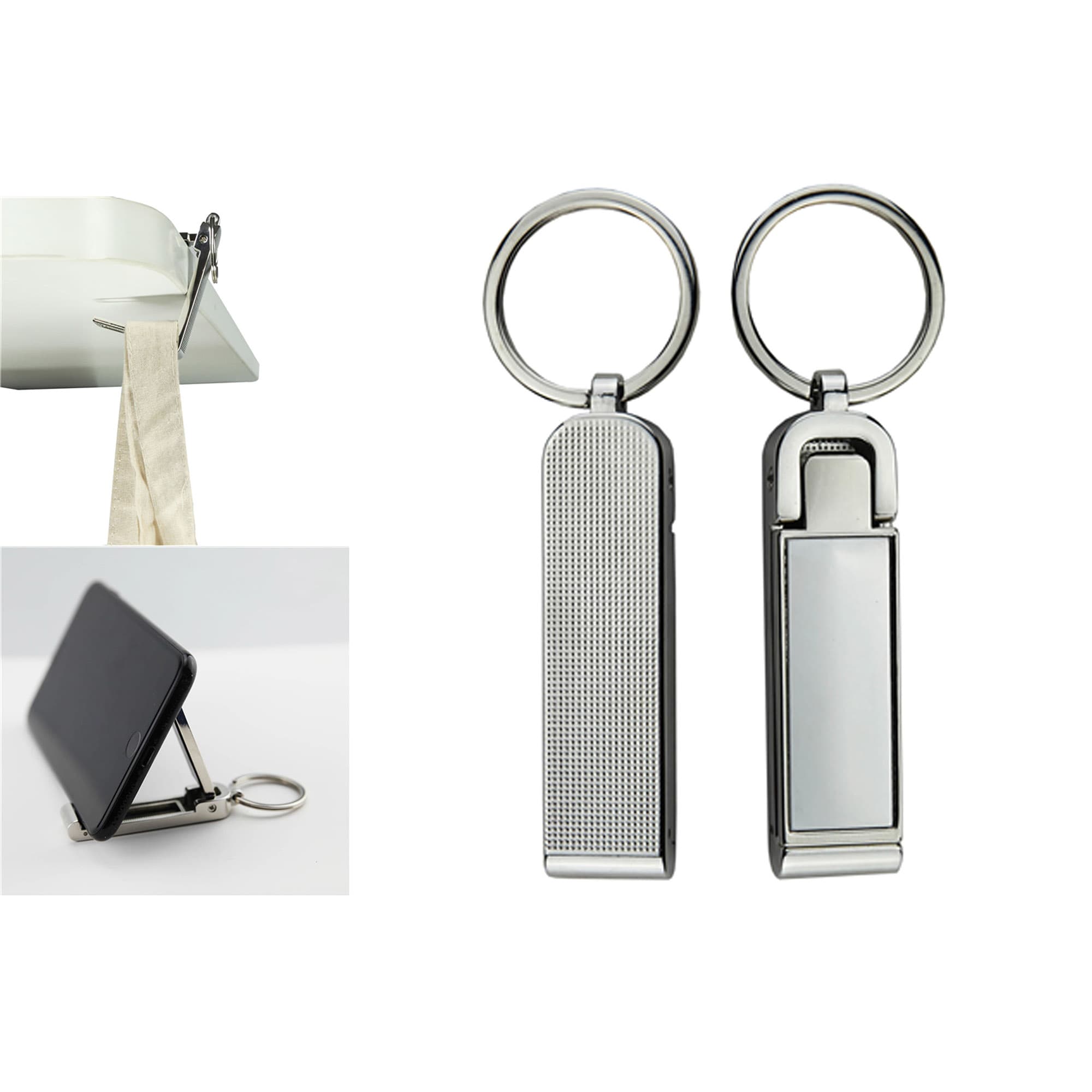A mobile stand and hanger key ring in silver, featuring a compact design and dual functionality. Mobile Stand and Hanger Key Ring - Image 1