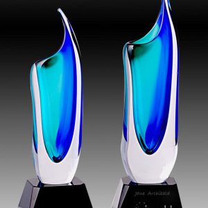 Art Glass Trophy - Vase Blue/Green On Black Base - With Printed Plate