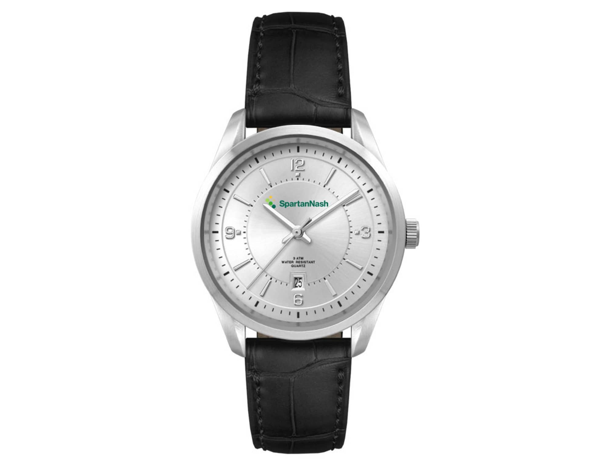 A silver casual dress watch with a black leather strap, featuring a silver dial and a logo on the face. Ladies Casual Dress Watch, Leather Strap - Image 1