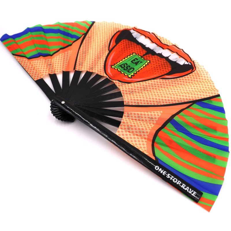 A large folding fan featuring vibrant orange, green, and blue graphics with a playful design and a black handle. Large Bamboo/Fabric Folding Fan - Image 1