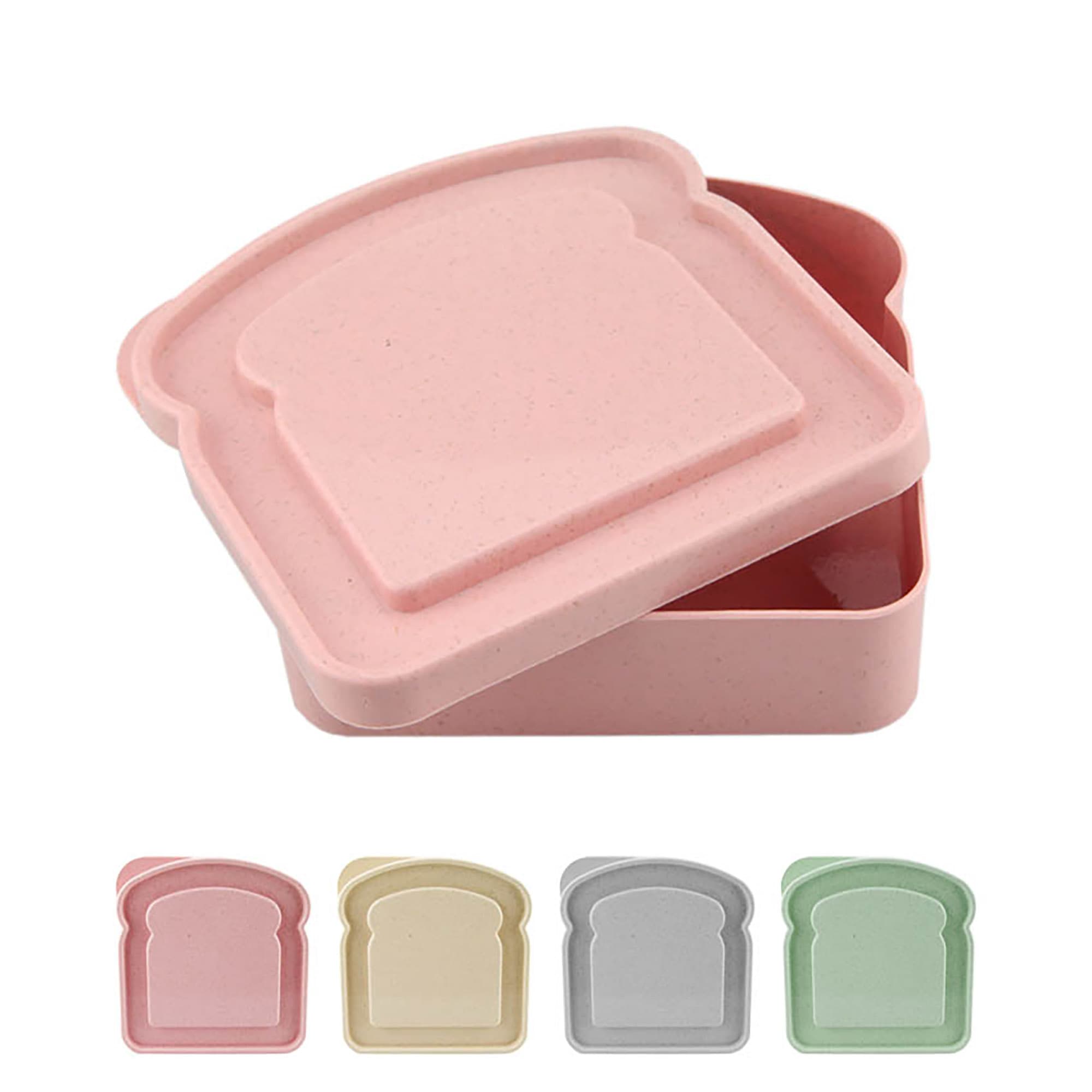 A bamboo sandwich box in pink with a sandwich-shaped lid, featuring additional colours: beige, grey, and green. Bamboo Sandwich Box - Image 1