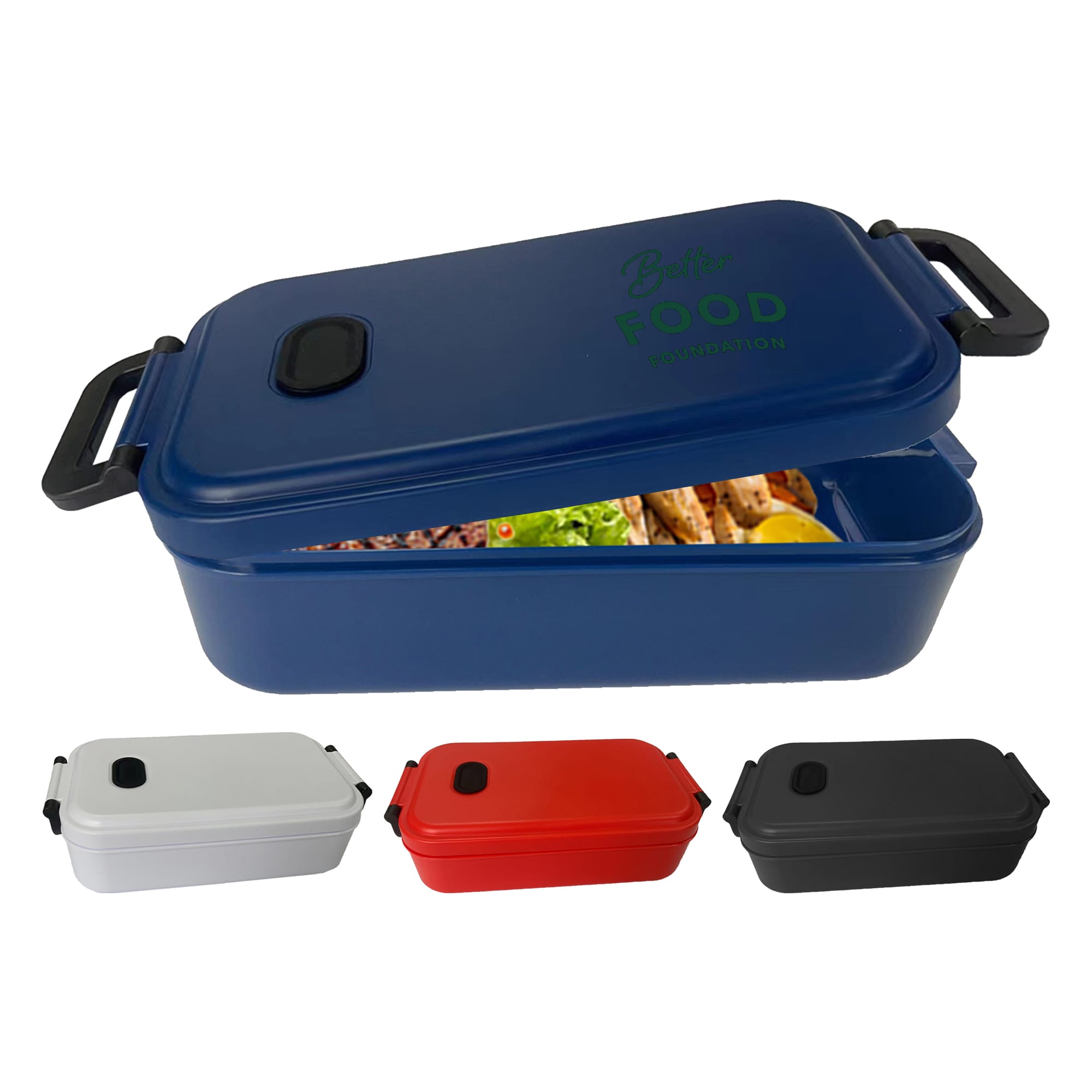 A blue lunch box with a lid, featuring grey, red, and black variants. Includes a handle and a logo. RPP Lunch Box - Image 1