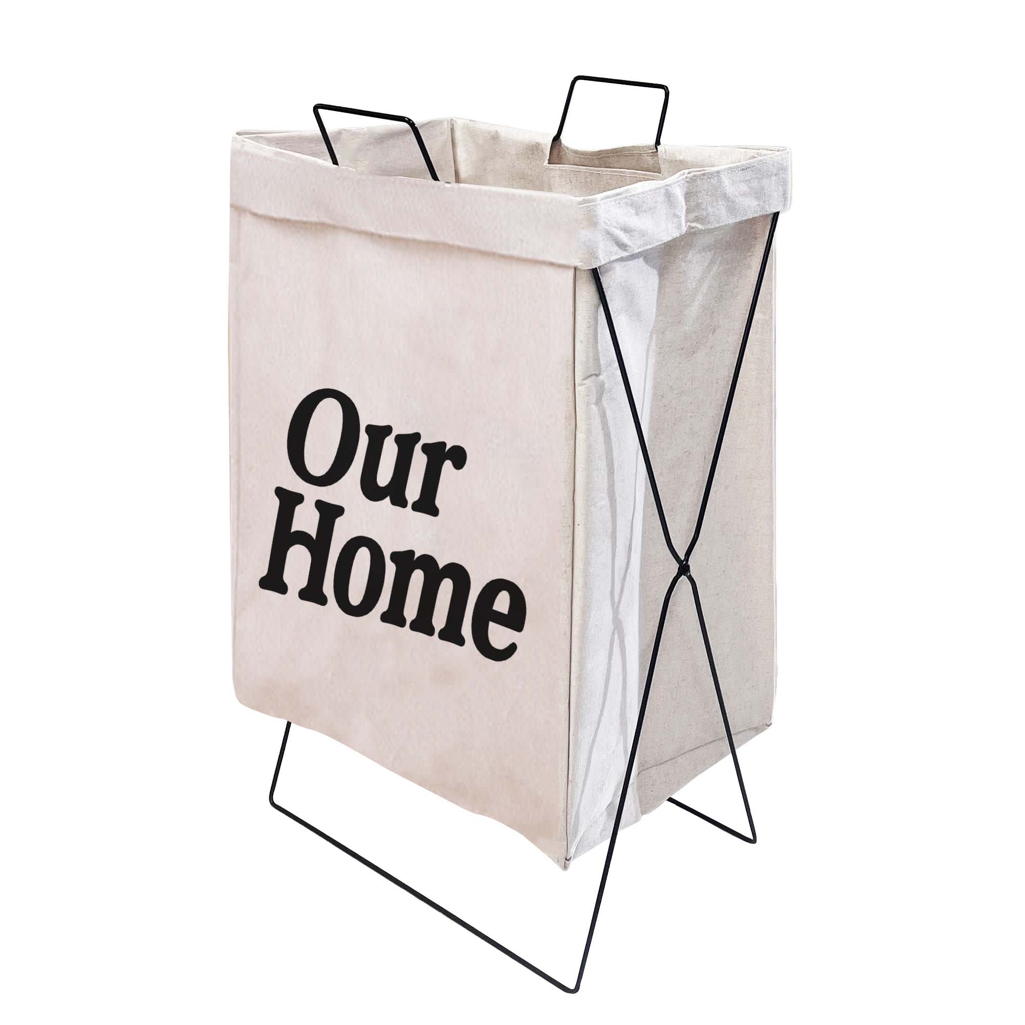 A beige cotton laundry basket with black text and a metal frame, featuring a simple modern design. Artiss Cotton Laundry Basket - Image 1