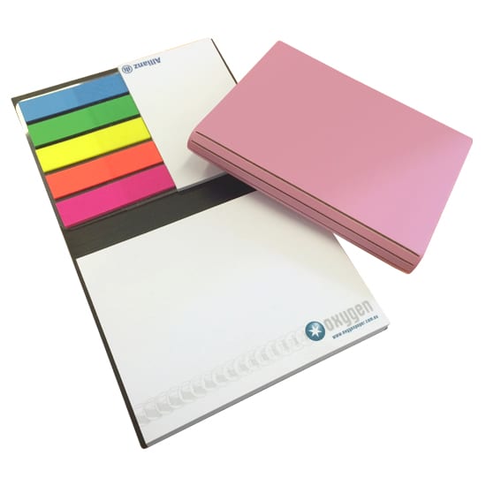 A pink bonded leather portfolio with unprinted cover, containing notepaper and colourful sticky notes. Bonded Leather Combination Unprinted Cover CPP 1 Col Pad - Image 1
