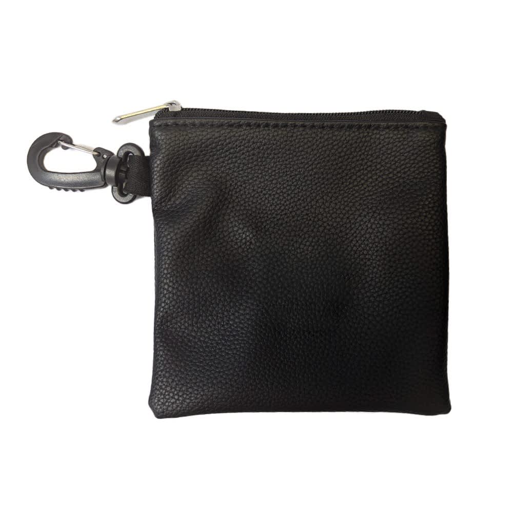 A black leather drawstring pouch with a clip, featuring a textured surface and a zip closure. A black leather drawstring pouch with a clip, featuring a textured surface and a zip closure.