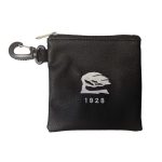 A black drawstring pouch with a clip, featuring a logo and a textured surface for holding valuables.