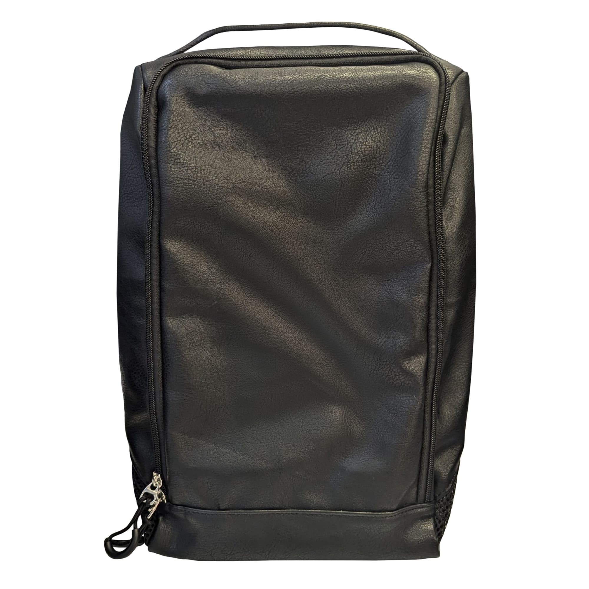 A black premium PU leather shoe bag with a zip closure and branding opportunity available. A black premium PU leather shoe bag with a zip closure and branding opportunity available.