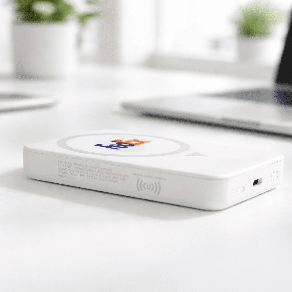 A white wireless charging power bank with a logo, resting on a desk near plants and a laptop. The Mason Wireless Charging Powerbank 5000mAh - Image 1