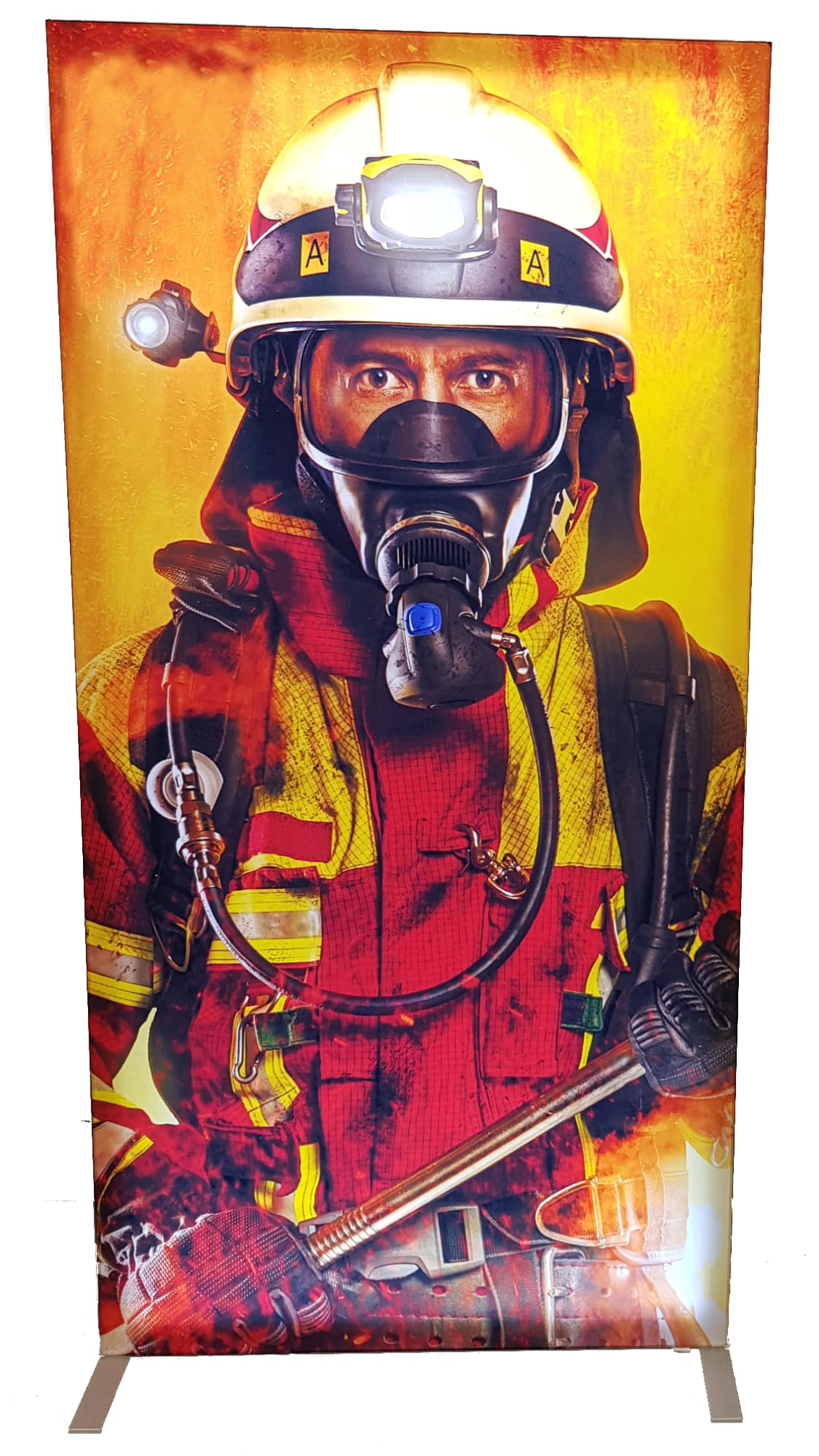 A promotional light box featuring a fireman in protective gear, with vibrant red and yellow colours. Light Boxes -Light Box 992mm x 1984mm - Image 1