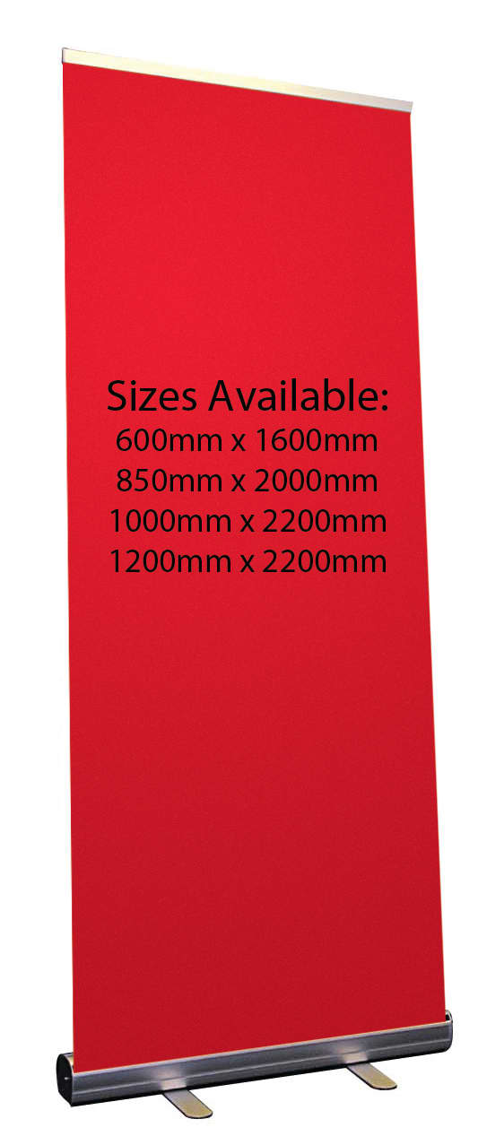 A red pull-up banner stands upright, featuring a silver base and a logo at the bottom. Single Light Weight Pull Up Banner 1000mm x 2100mm - Image 1