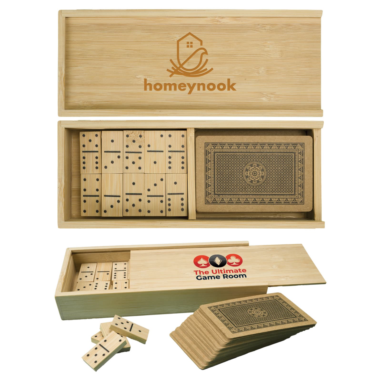 A bamboo game set featuring wooden dominoes and a deck of cards, with a branded box. Dominator Set - Image 1