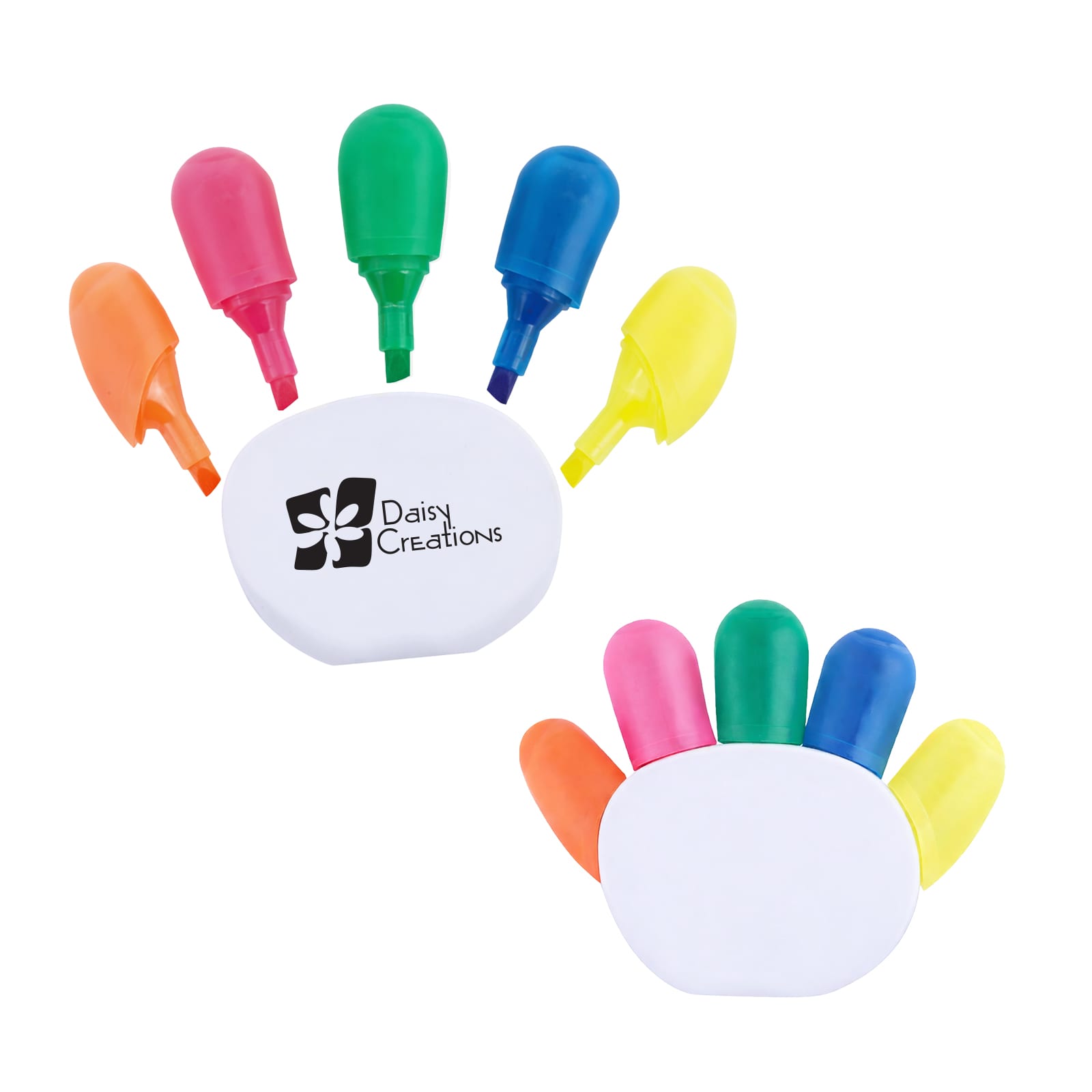 A hand-shaped highlighter set featuring pink, blue, green, yellow, and orange highlighters with a branding logo. Handy Highlighter - Image 1