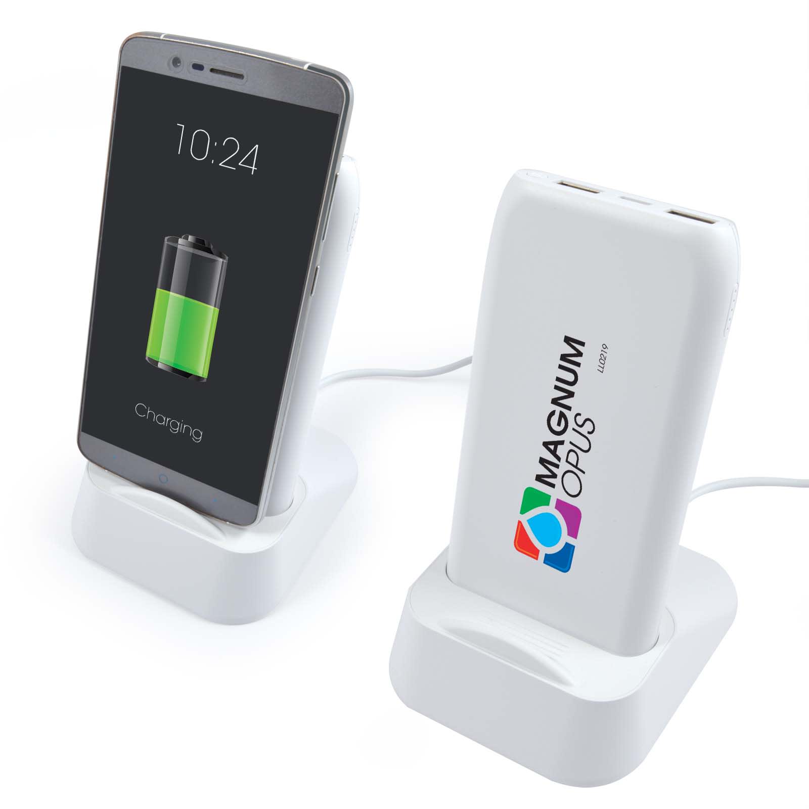 A white wireless power bank and charging station with a smartphone on a stand, displaying a charging battery icon. Boost Wireless Power Bank / Charging Station - Image 1