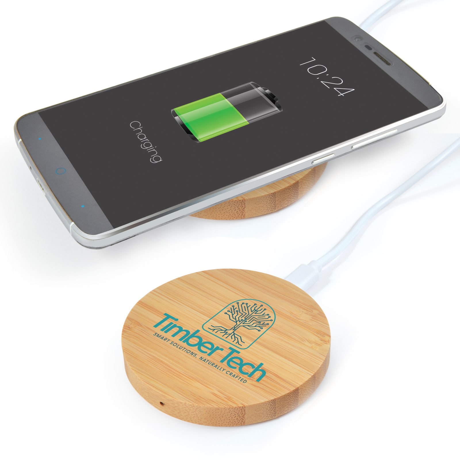 A bamboo wireless charger in a circular shape with a logo, next to a smartphone displaying a charging battery icon. Arc Round Bamboo Wireless Charger - Image 1