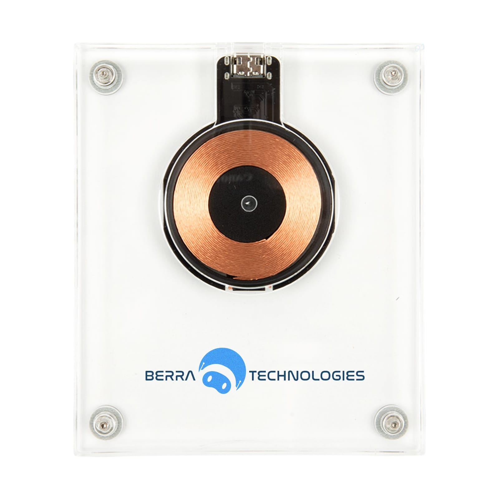 A crystal wireless charger with a circular copper charging area and a clear casing, featuring a logo. Crystal Wireless Charger - Image 1
