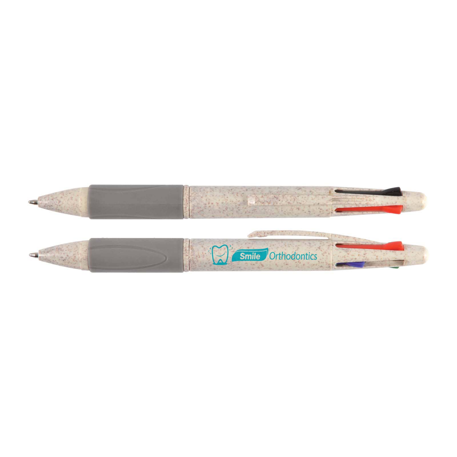 A multi-coloured pen featuring grey, red, blue, and green inks, along with a branding logo on the barrel. Supra 4 Colour Pen - Image 1