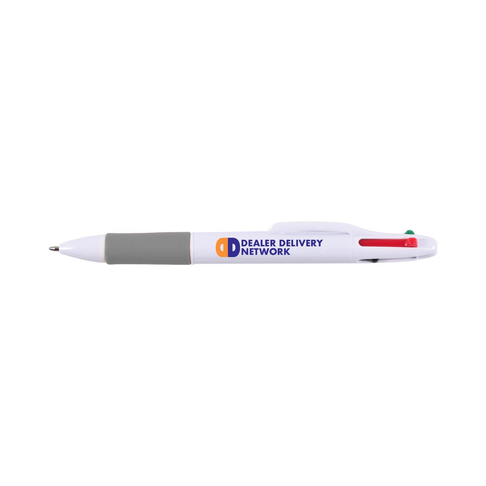 A plastic pen in white with gray grip and three ink colors: red, blue, and green. Features a logo. Supra 4 Colour White Pen - Image 1