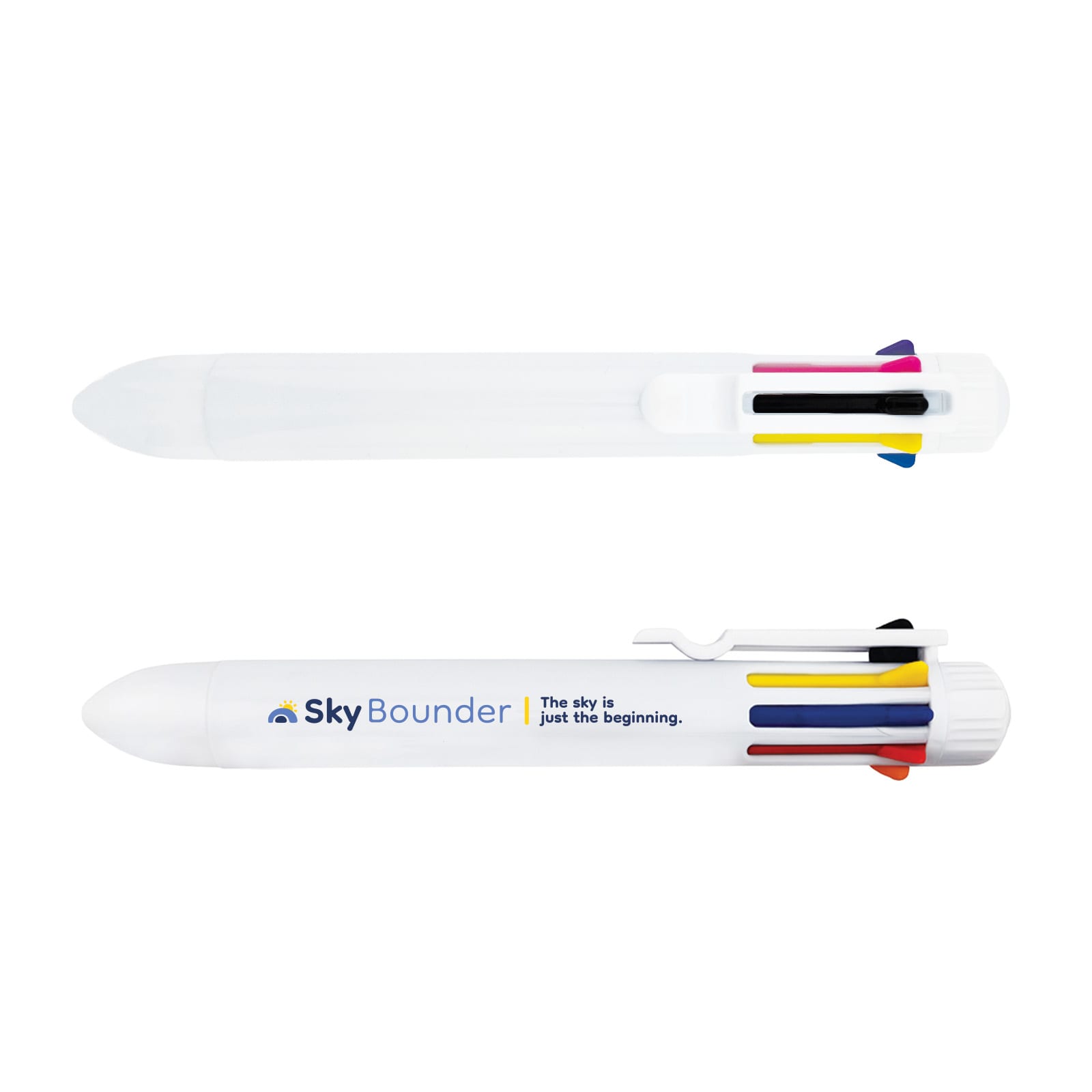 A white pen featuring multiple coloured grips and a logo. It has a retractable tip and a clip for attachment. Mammoth Pen - Image 1