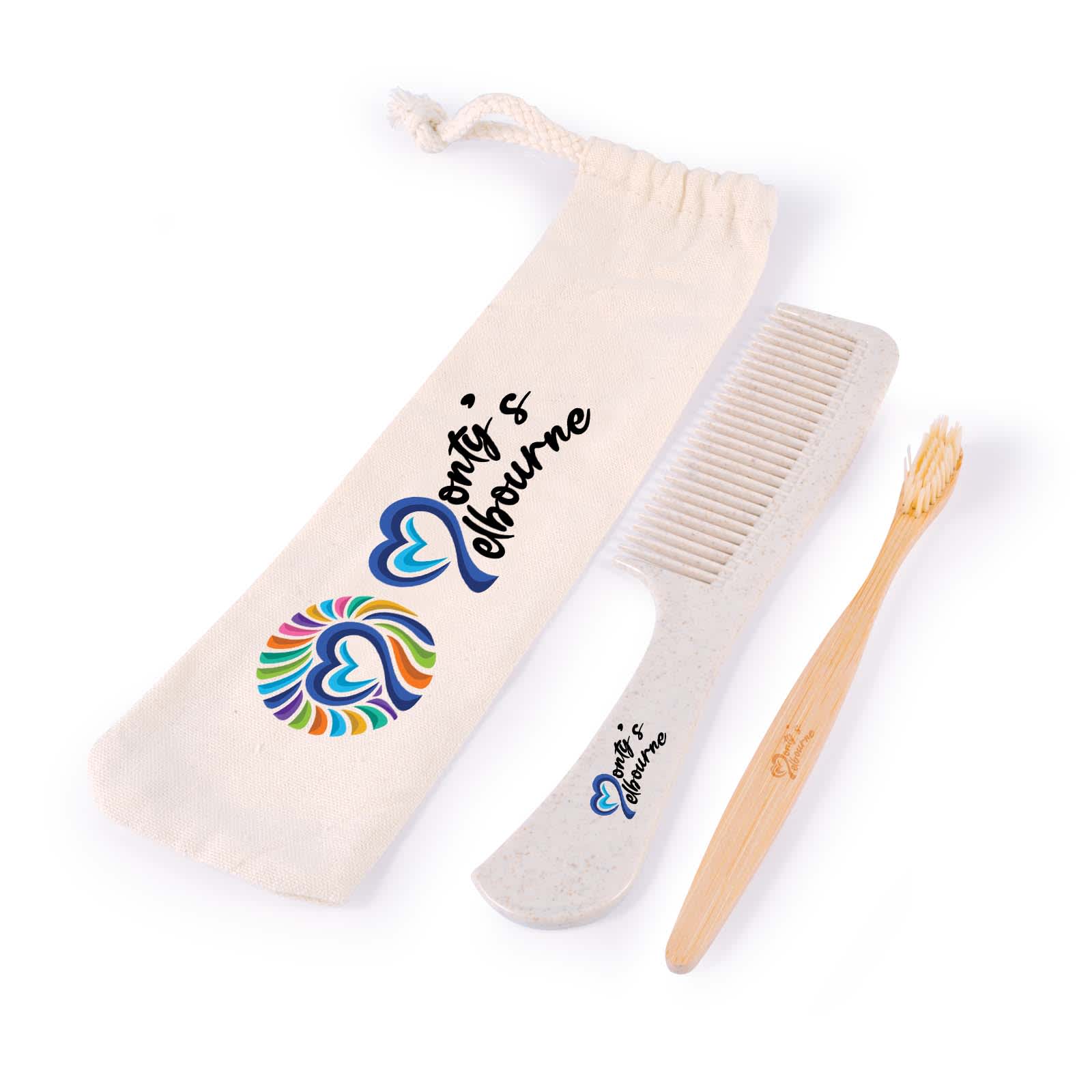 A toiletry pack containing a bamboo toothbrush, a comb, and a cotton pouch featuring a colorful heart graphic. Refresh Travel Pack - Image 1