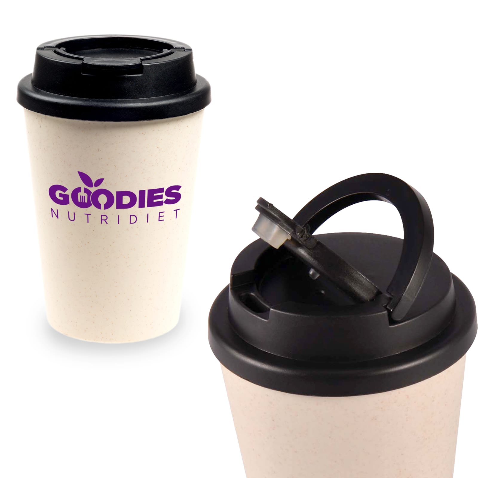 A reusable coffee cup in a cream colour with a black lid and handle. It features a logo. Aroma Eco Cup / Handle Lid - Image 1