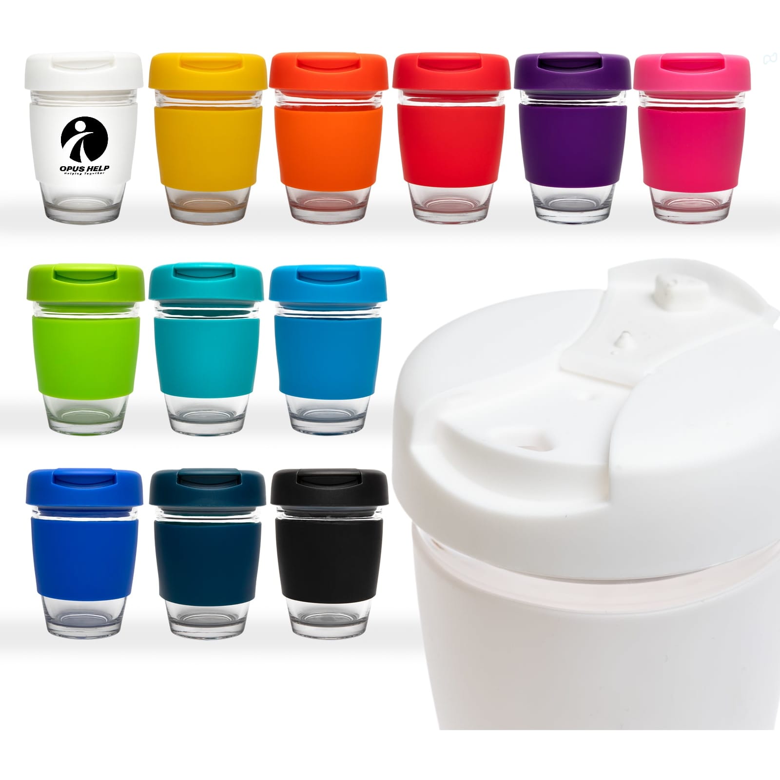 A reusable coffee cup with a flip lid available in various colours, including white, green, blue, and orange. Vienna Coffee Cup / Flip Lid - Image 1