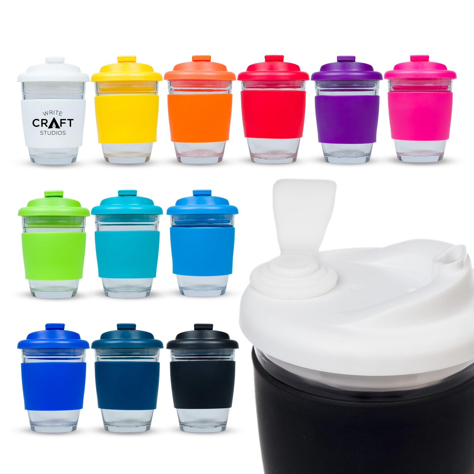 A collection of reusable coffee cups in various colours, featuring clear bodies and snap lids, including one with a logo. Vienna Coffee Cup / Snap Lid - Image 1