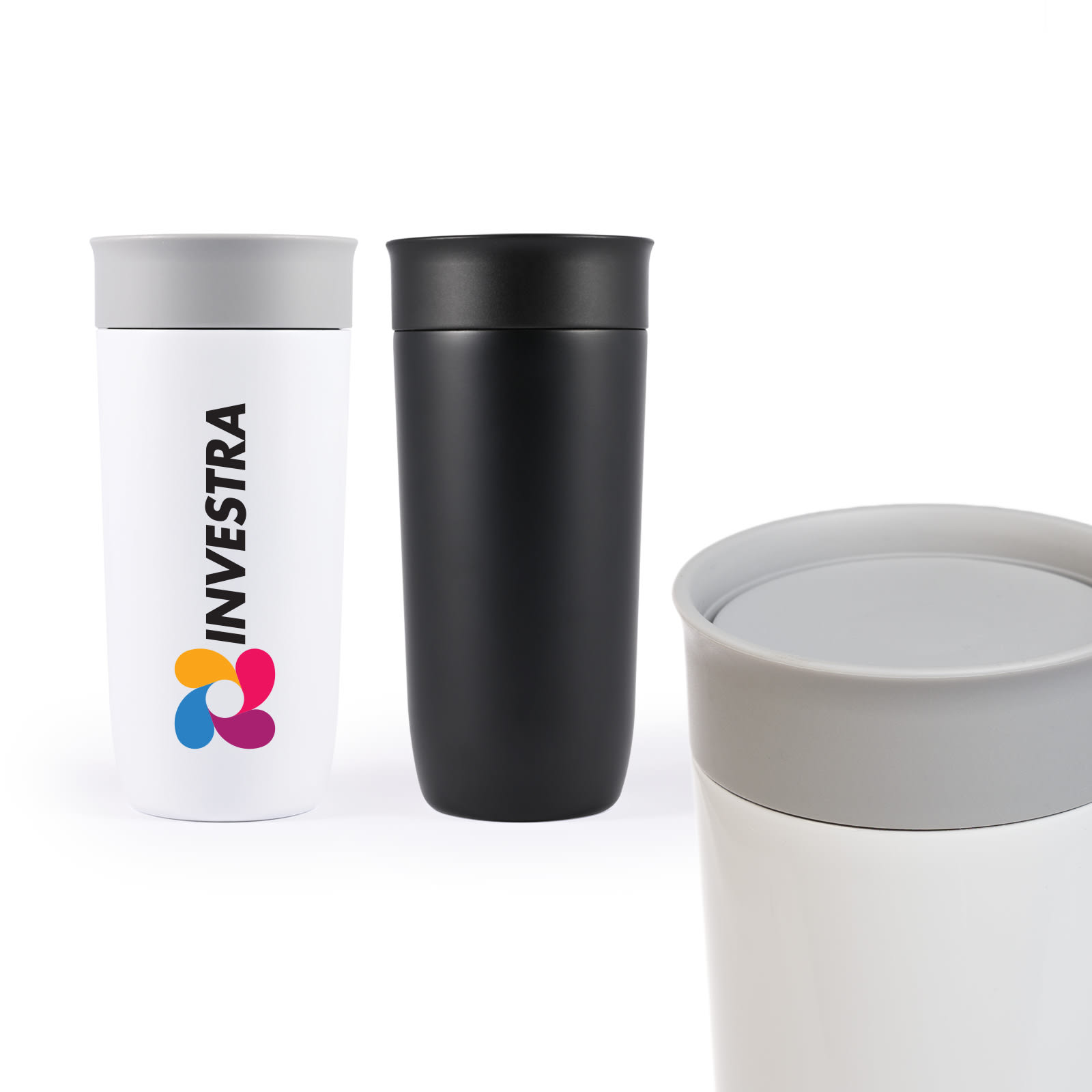 A stainless steel coffee cup in white and black with a grey lid and branding. Reusable and stylish drinkware option. Flair Stainless Steel Coffee Cup - Image 1