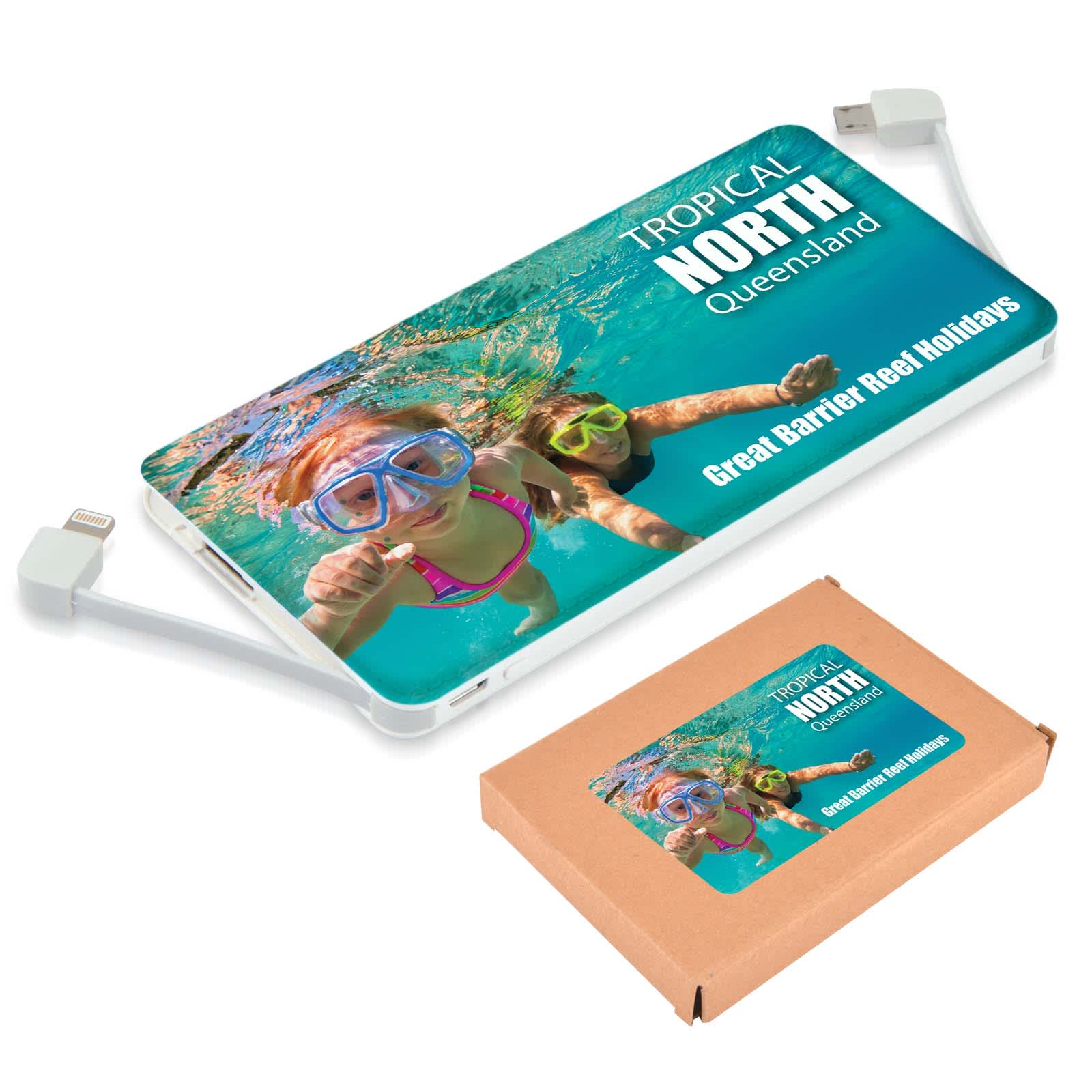 A power bank with a colorful underwater design featuring two children swimming, accompanied by a brown box. Nova Power Bank - Image 1