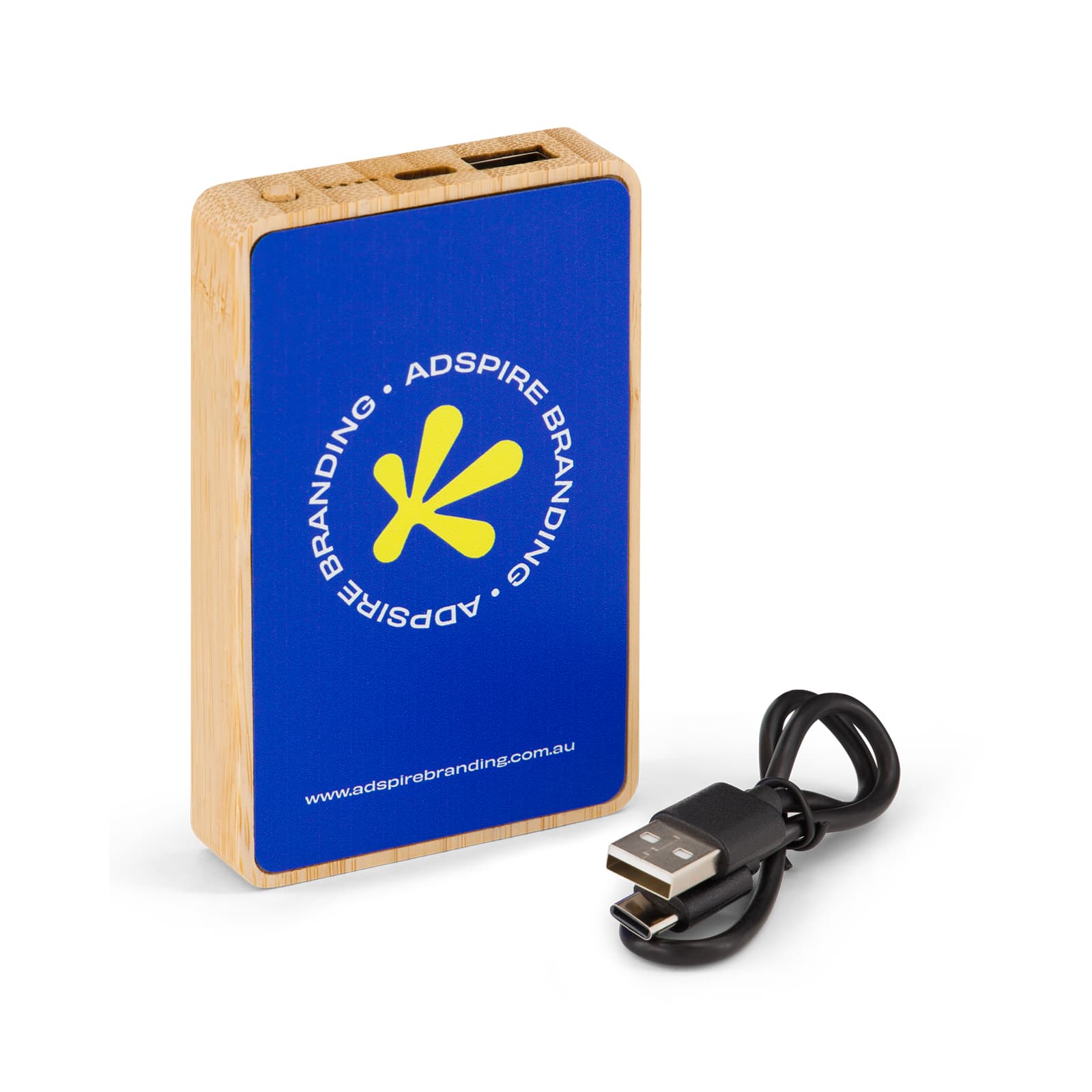 A Primo Power Bank in blue with a wood finish, featuring USB ports and a charging cable. Primo Power Bank - Image 1