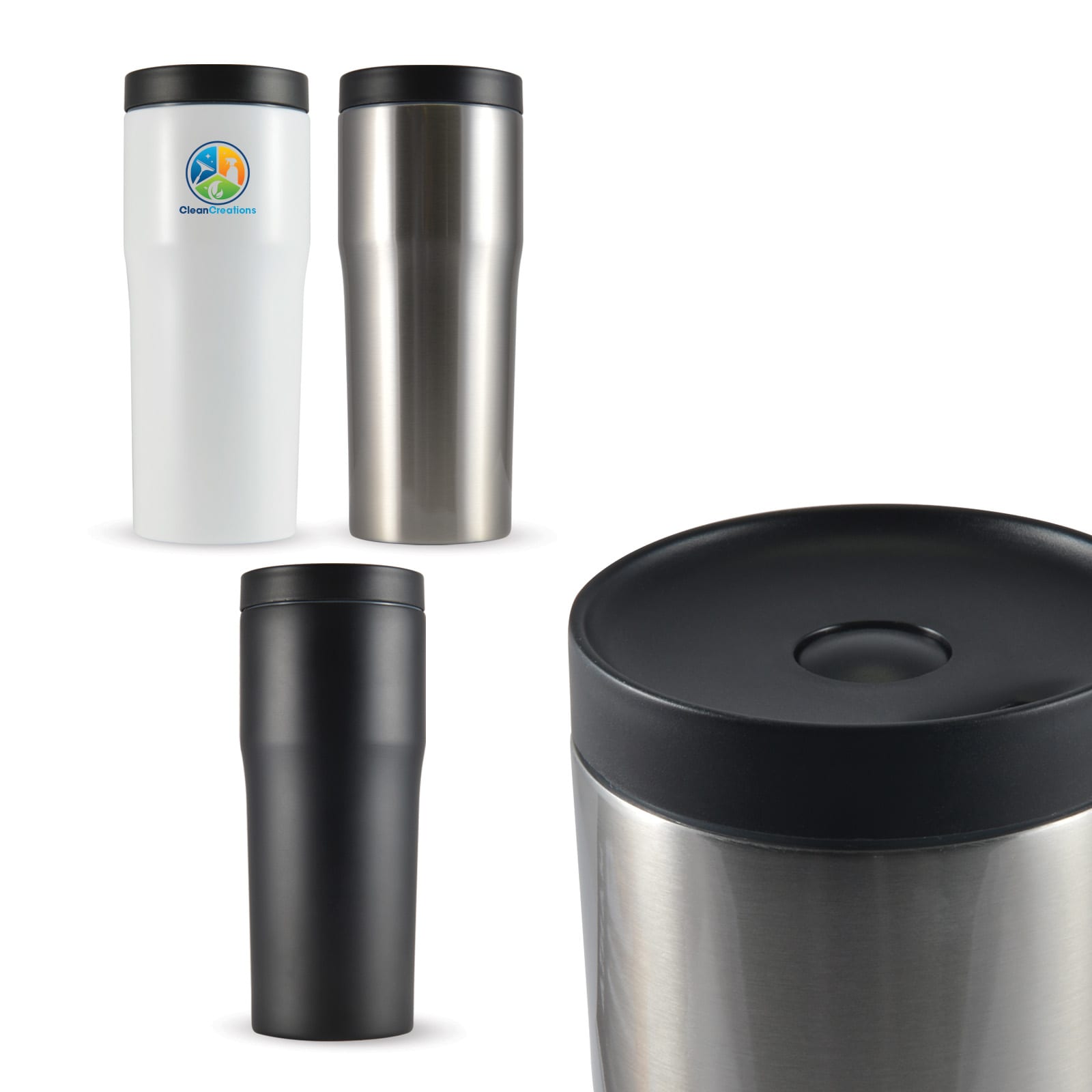 A drink bottle set featuring stainless steel, white, and black travel mugs with black lids and a logo. Manta Vacuum Cup - Image 1