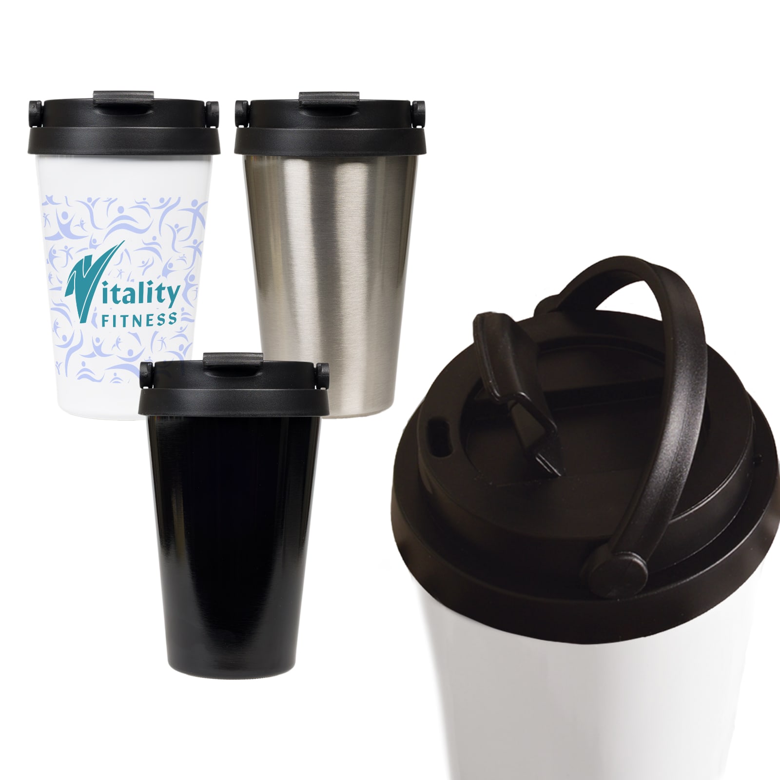 A drink bottle set featuring three Milano Vacuum Cups in white, black, and stainless steel with a black lid and handle. Milano Vacuum Cup - Image 1