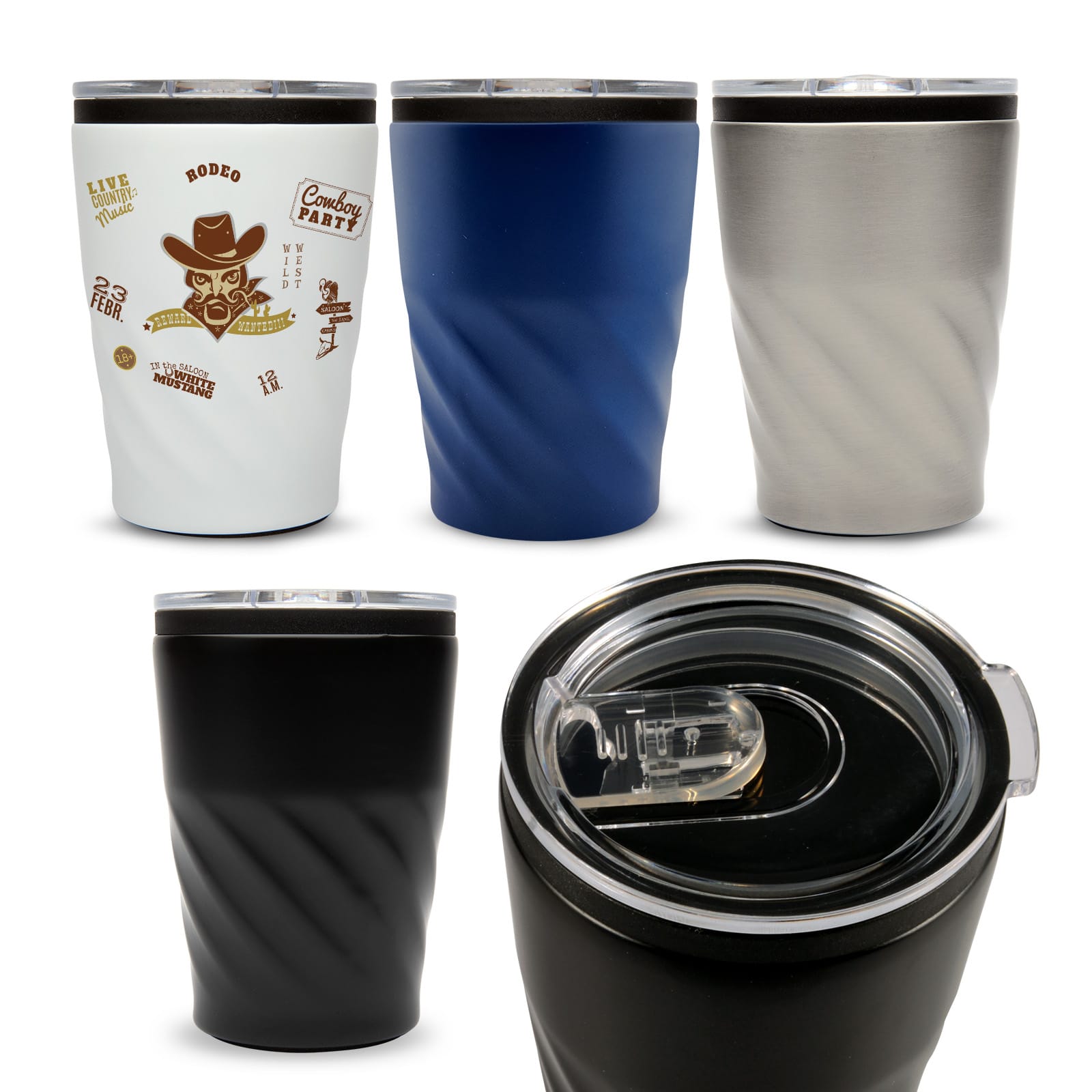 A reusable coffee cup collection featuring white, blue, silver, and black designs with a swirl pattern and a clear lid. Aztec Coffee Cup - Image 1