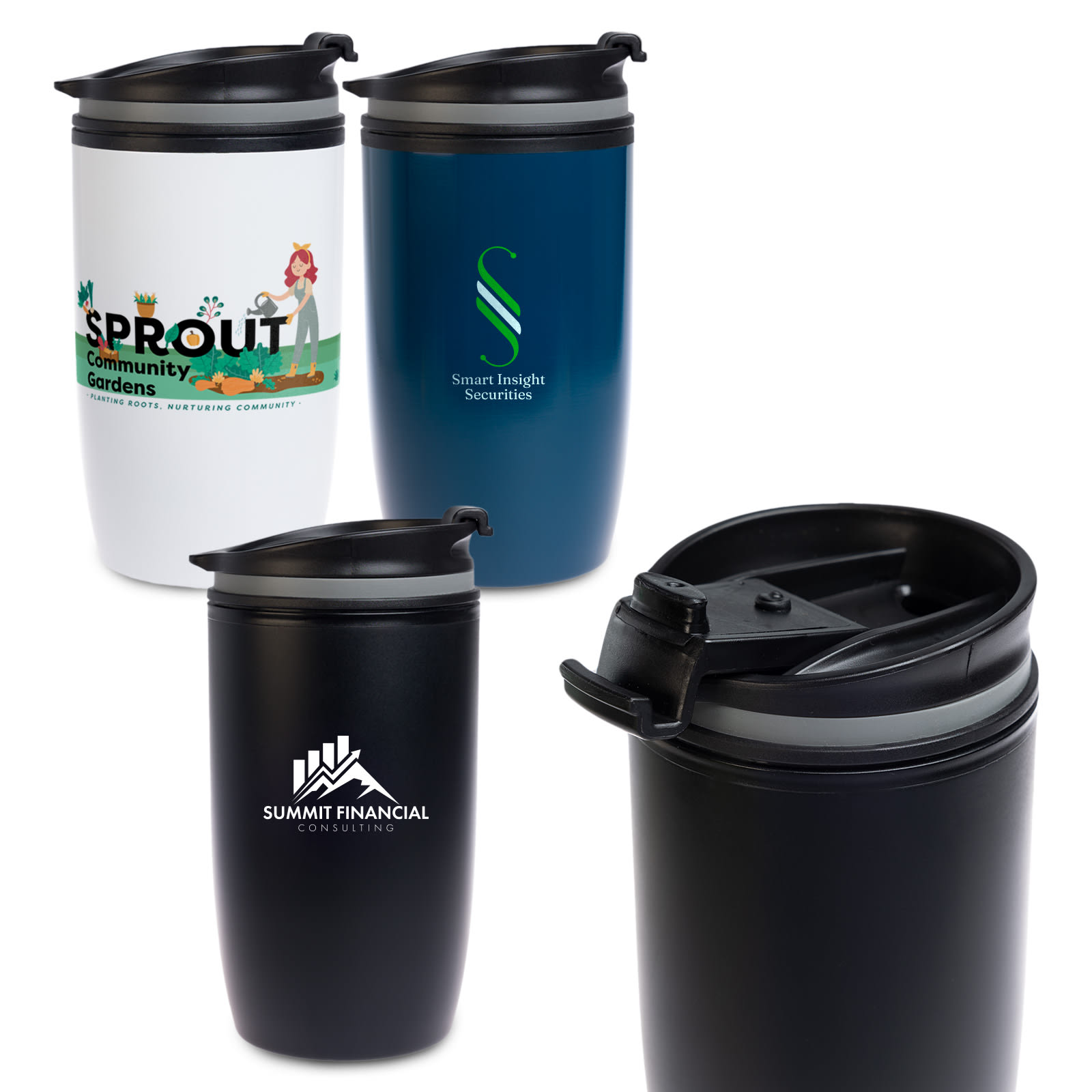 A collection of reusable coffee cups in white, navy blue, and black, featuring various logos and designs. Eagle Coffee Cup - Image 1