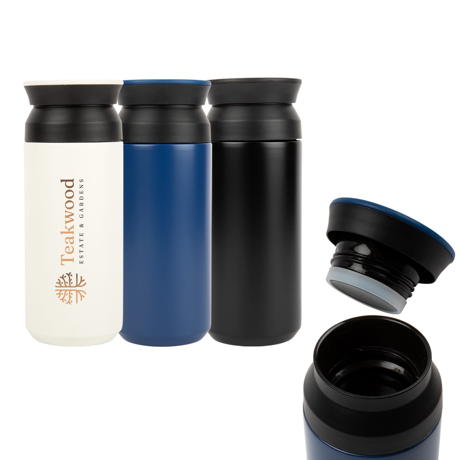 A double wall coffee cup with a black lid, available in white, blue, and black, featuring a logo on one side. Slipstream Double Wall Coffee Cup - Image 1