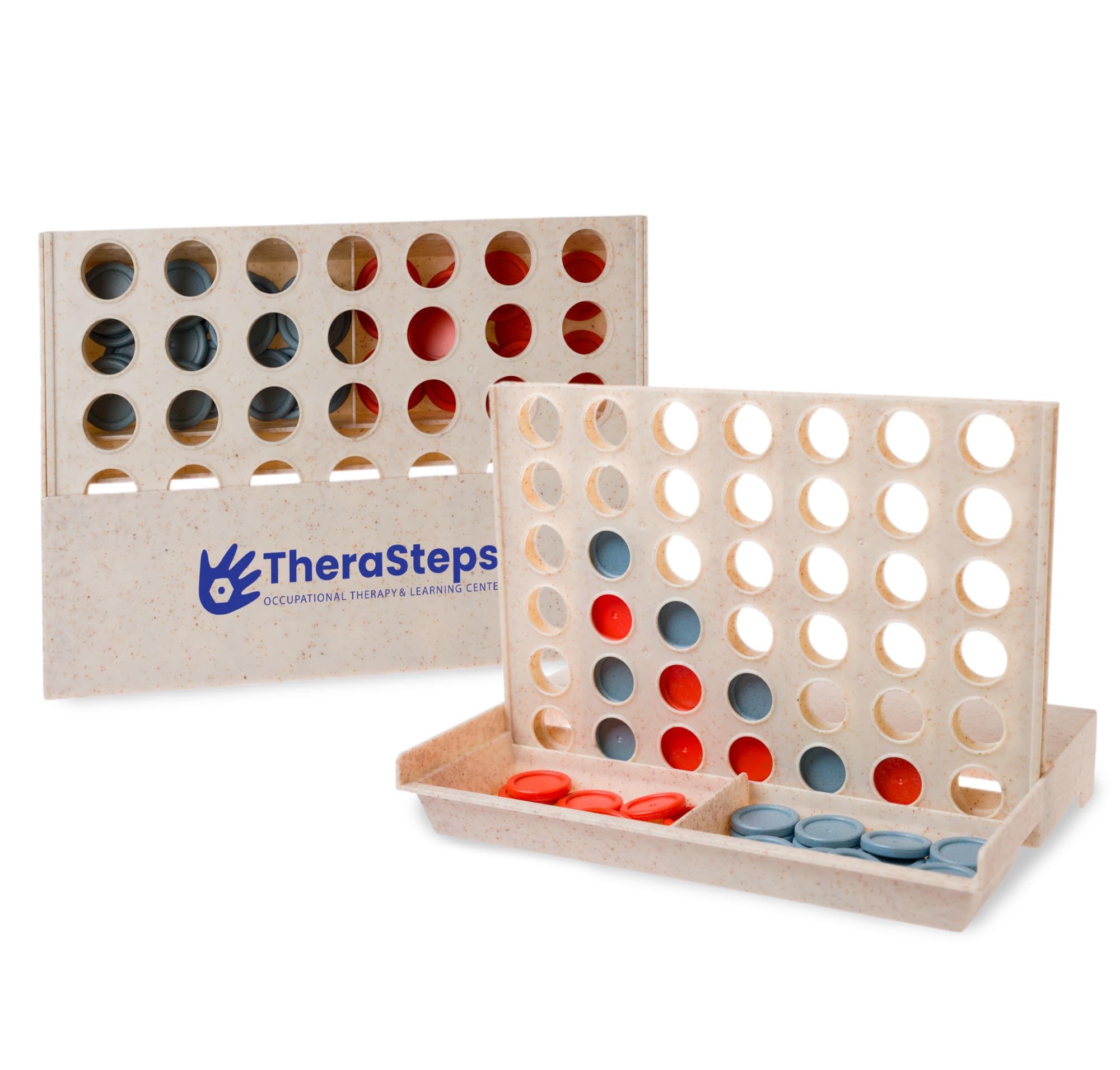 A wheat straw game set featuring a light beige board with red and gray discs. It includes a logo on the front. Line Four Wheatstraw Game - Image 1