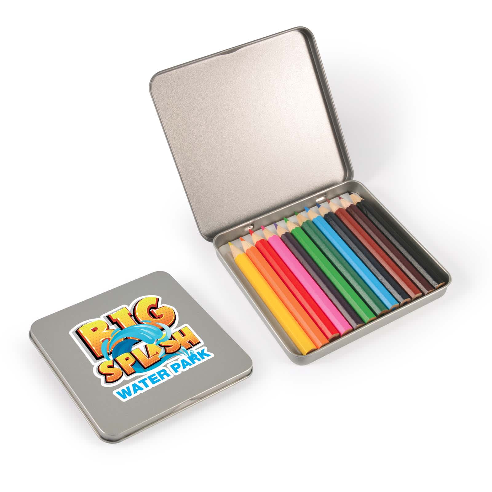 A tin container filled with twelve coloured pencils in various vibrant colors, featuring a logo on the lid. Doodle 12 Pencils in Tin - Image 1