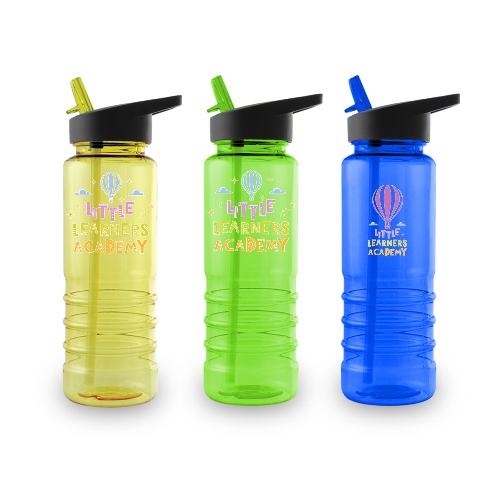 A drink bottle in yellow, green, and blue, each featuring a black flip-top lid and a straw. Each bottle has a logo. Tahiti Bottle - Image 1