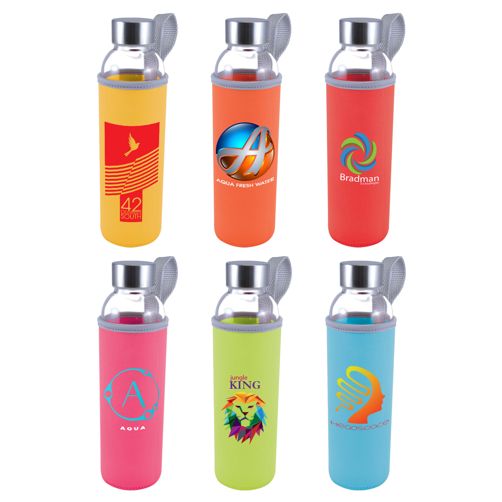 A drink bottle with a clear glass body and colorful neoprene sleeves in orange, red, pink, and blue, featuring various logos. Capri Glass Bottle / Neoprene Sleeve - Image 1