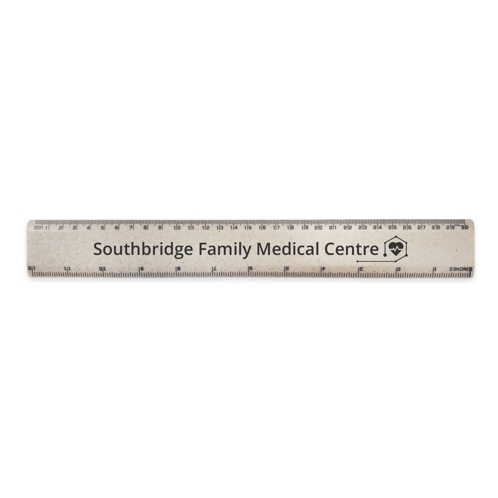 A 30cm wheatstraw ruler in a light beige colour, featuring a logo and measurement markings. 30cm Wheatstraw Ruler - Image 1