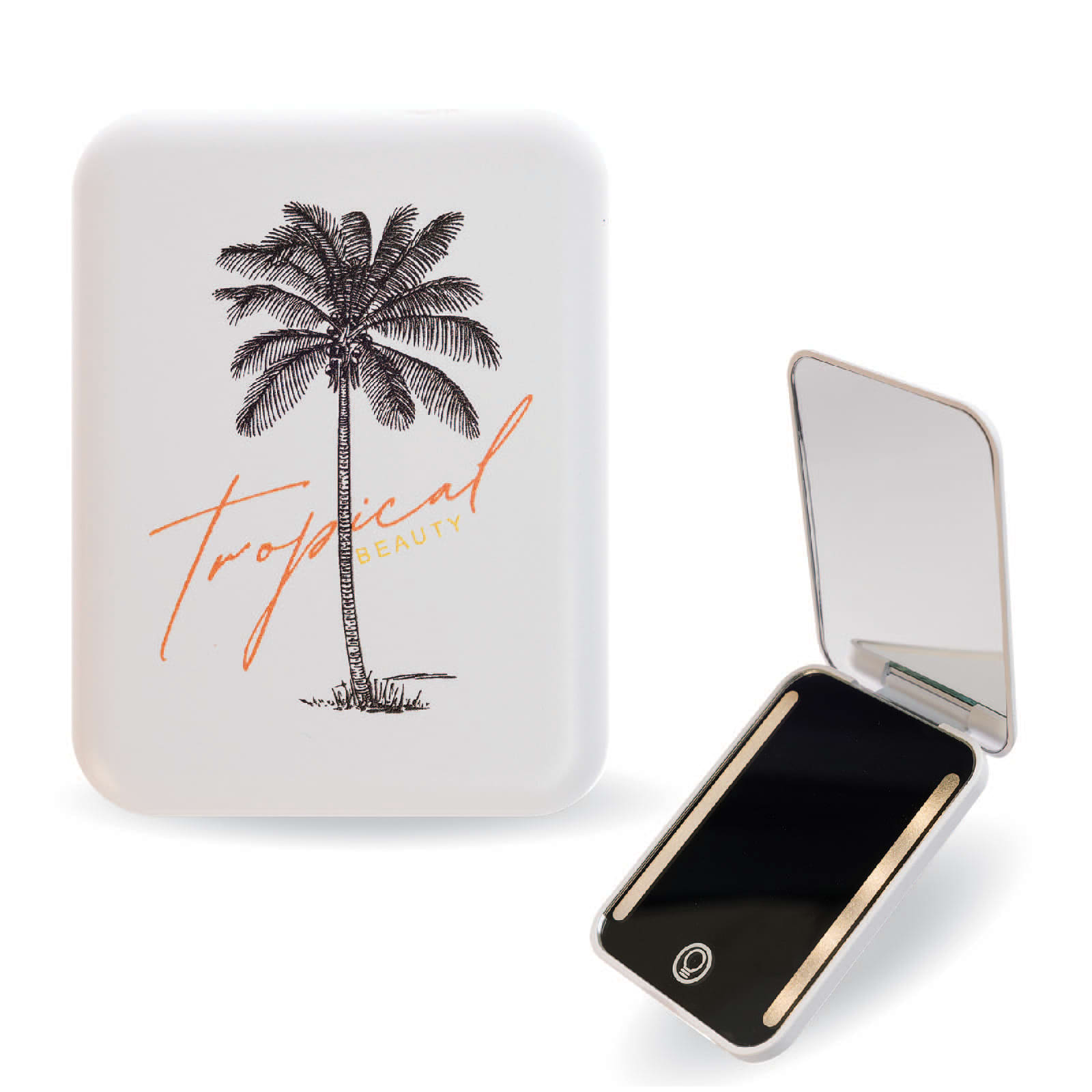 A compact mirror with a palm tree design, featuring a white exterior and a reflective black interior. LED Compact Mirror - Image 1